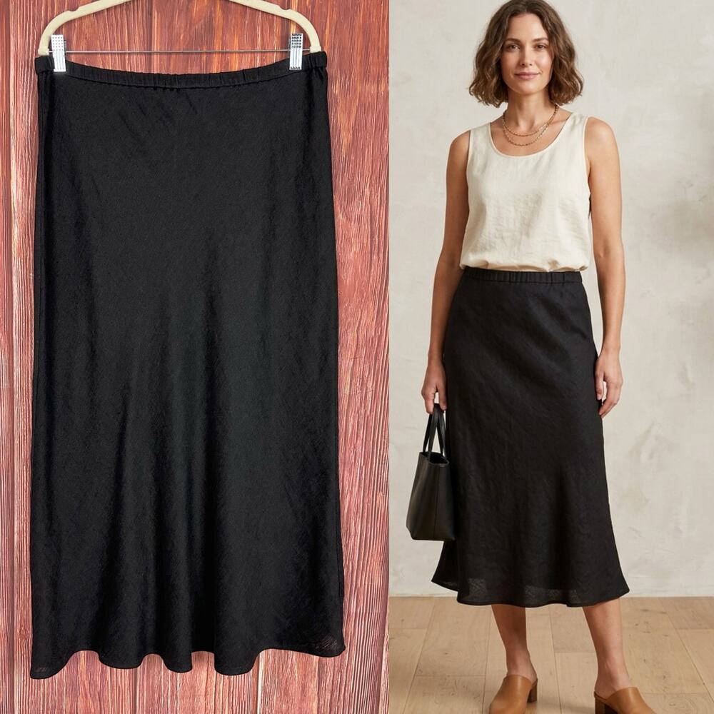Eileen Fisher Black Midi A-Line Linen Blend Skirt